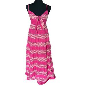 Saylor XS Artura Watermelon pink woven tan zigzag midi maxi dress mirror trim